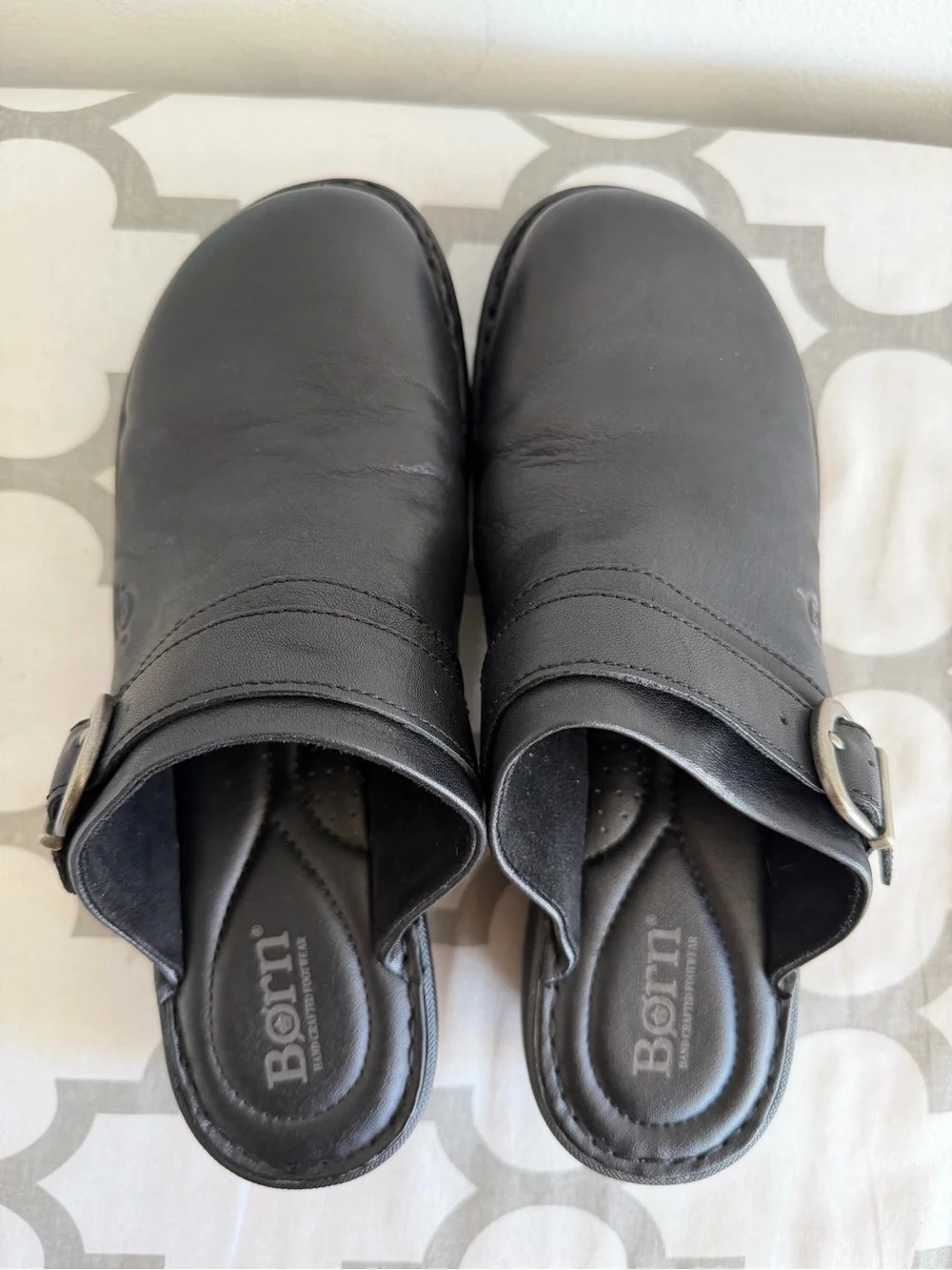 Born Black Leather Slip-On Clogs with Side Buckle